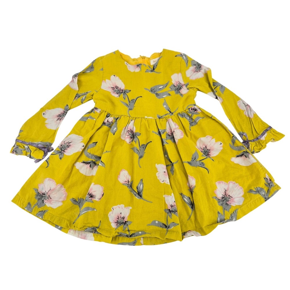 Bear Leader Mustard Yellow Floral Ruffle Sleeve Cotton Jumper Dress Size 120